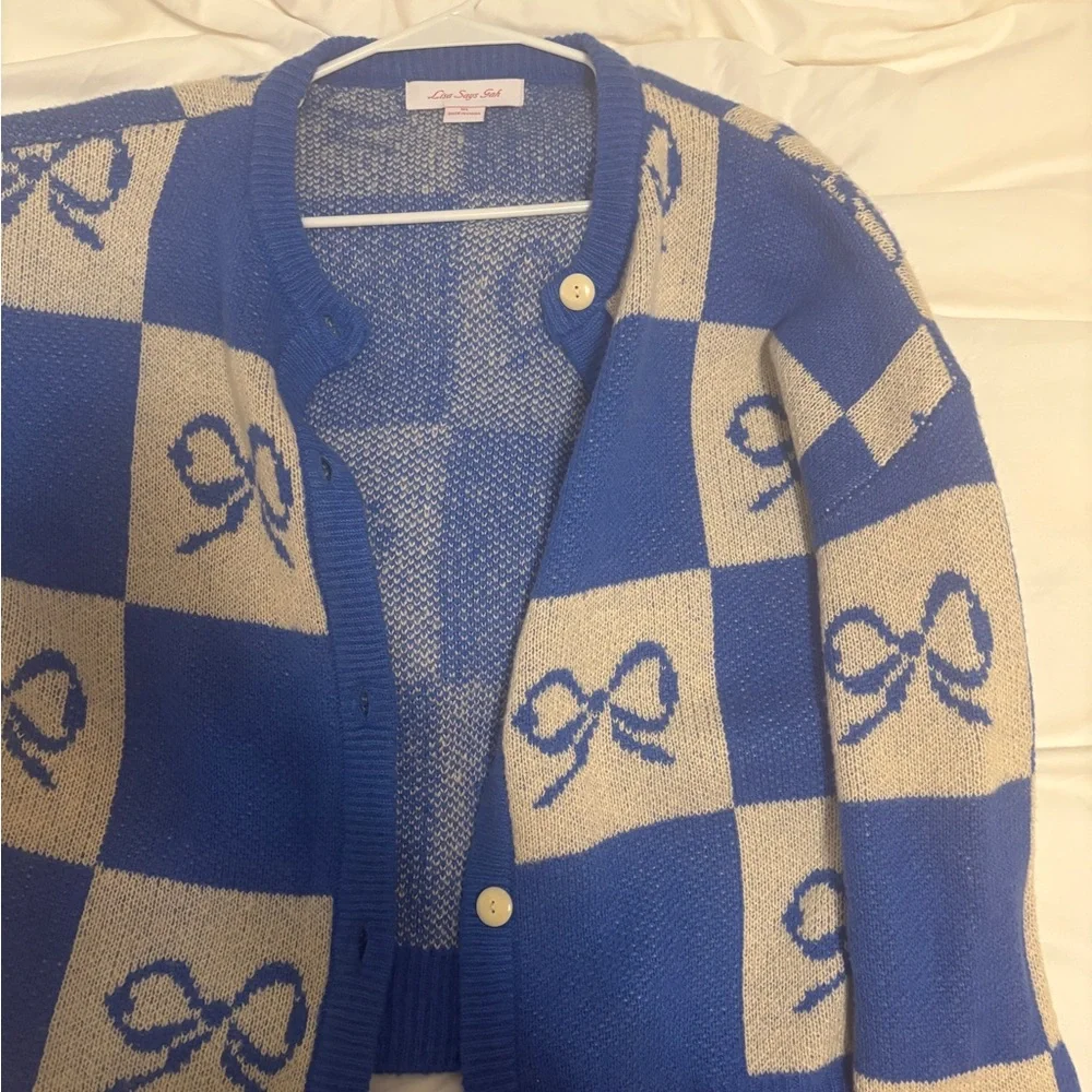 NWOT: Lisa Says Gah Blue and Cream Checkered Cardigan - Picture 3 of 14